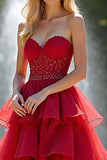 A Line Tiered Sparkly Sweetheart Red Long Prom Dress with Beading
