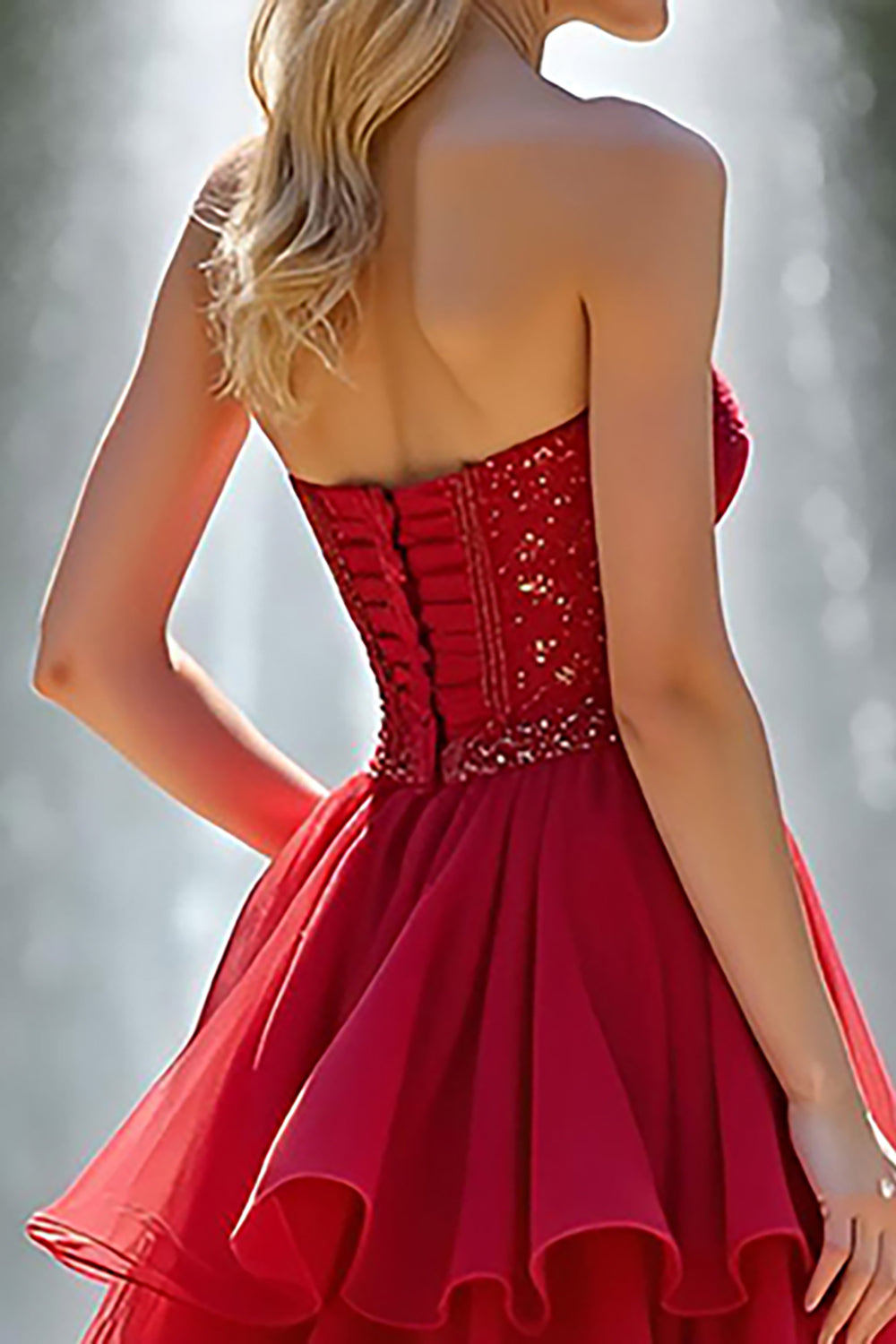 A Line Tiered Sparkly Sweetheart Red Long Prom Dress with Beading