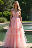 Tiered Long Pink V-Neck A Line Appliqued Prom Dress with Lace