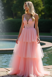 Tiered Long Pink V-Neck A Line Appliqued Prom Dress with Lace