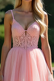Tiered Long Pink V-Neck A Line Appliqued Prom Dress with Lace