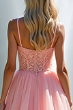 Tiered Long Pink V-Neck A Line Appliqued Prom Dress with Lace