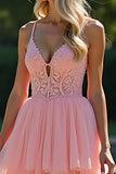 Tiered Long Pink V-Neck A Line Appliqued Prom Dress with Lace