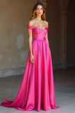 Off the Shoulder Long Fuchsia A Line Satin Prom Dress