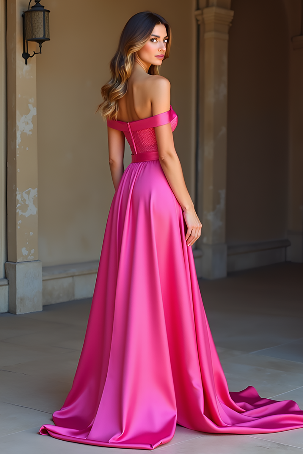 Off the Shoulder Long Fuchsia A Line Satin Prom Dress