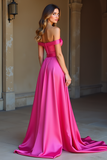 Off the Shoulder Long Fuchsia A Line Satin Prom Dress