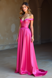 Off the Shoulder Long Fuchsia A Line Satin Prom Dress