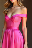 Off the Shoulder Long Fuchsia A Line Satin Prom Dress