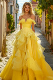 ZAPAKASA Women A Line Tiered Yellow Organza Prom Dress with Ruches Off the Shoulder Strapless Backless Long Pageant Dress