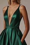 V-Neck A Line Dark Green Long Satin Prom Dress with Slit