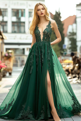 A Line Long Lace Dark Green V-Neck Prom Dress with Appliques
