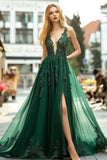 A Line Long Lace Dark Green V-Neck Prom Dress with Appliques