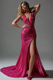Sheath Deep V-Neck Sparkly Fuchsia Long Prom Dress with Slit