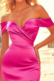Off the Shoulder Long Fuchsia Mermaid Satin Prom Dress with Slit