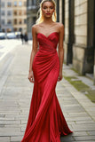 Sweetheart Satin Red Mermaid Prom Dress with Ruches