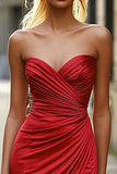 Sweetheart Satin Red Mermaid Prom Dress with Ruches