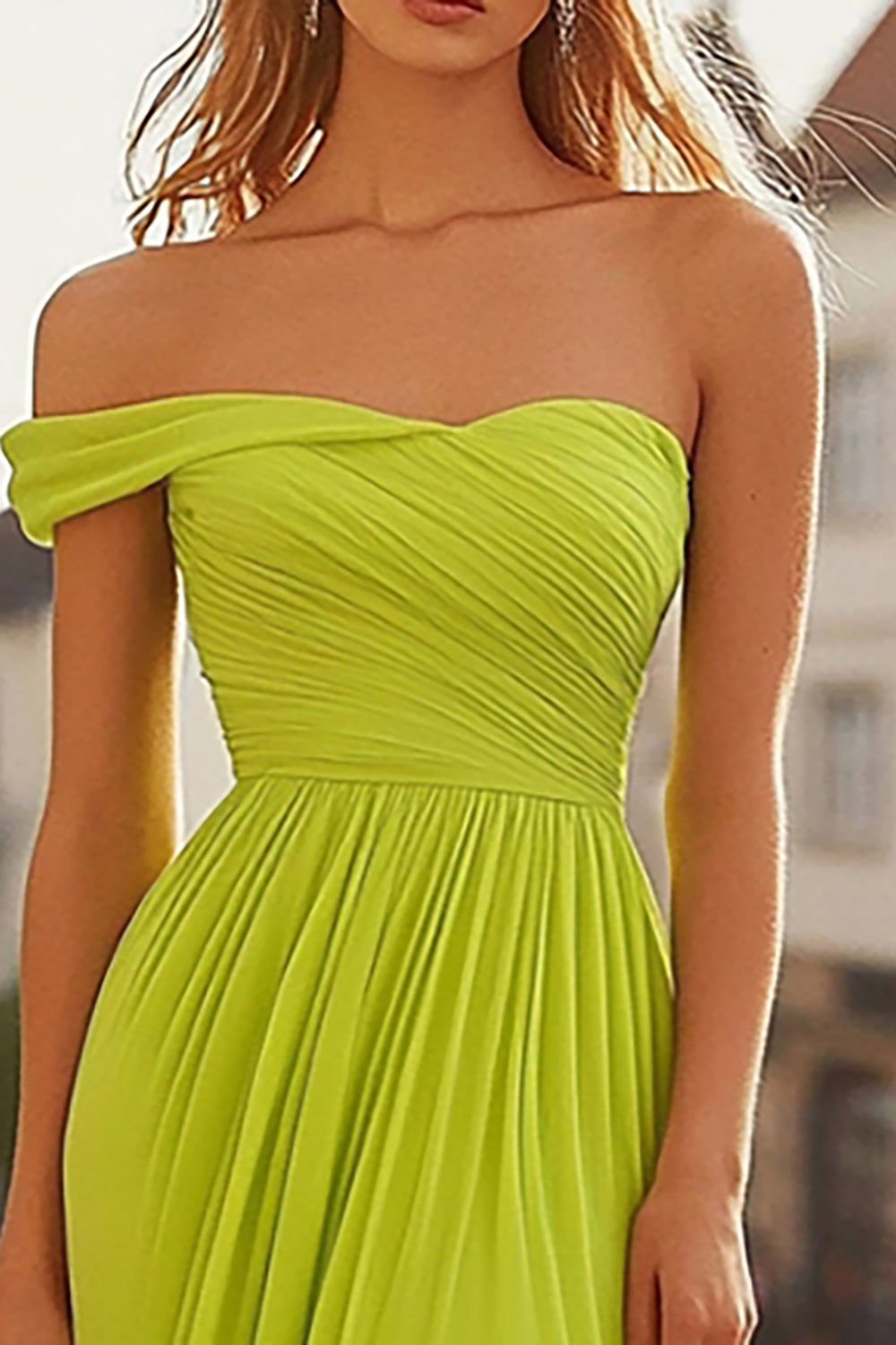 One Shoulder Chiffon Lemon Green A-Line Prom Dress with Ruches
