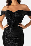 Off the Shoulder Sequin Sparkly Black Sheath Prom Dress with Slit