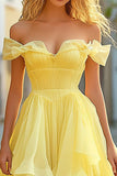 Off the Shoulder Long Yellow A Line Tiered Asymmetrical Prom Dress