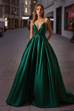 V-Neck A Line Dark Green Long Satin Prom Dress
