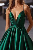 V-Neck A Line Dark Green Long Satin Prom Dress
