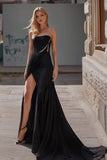 Strapless Satin Black Sheath Prom Dress with Beadings
