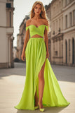 Off the Shoulder Ruched Lemon Green A-Line Chiffon Prom Dress