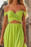 Off the Shoulder Ruched Lemon Green A-Line Chiffon Prom Dress