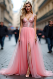A Line Long Tulle Sparkly Pink V-Neck Prom Dress with Sequins
