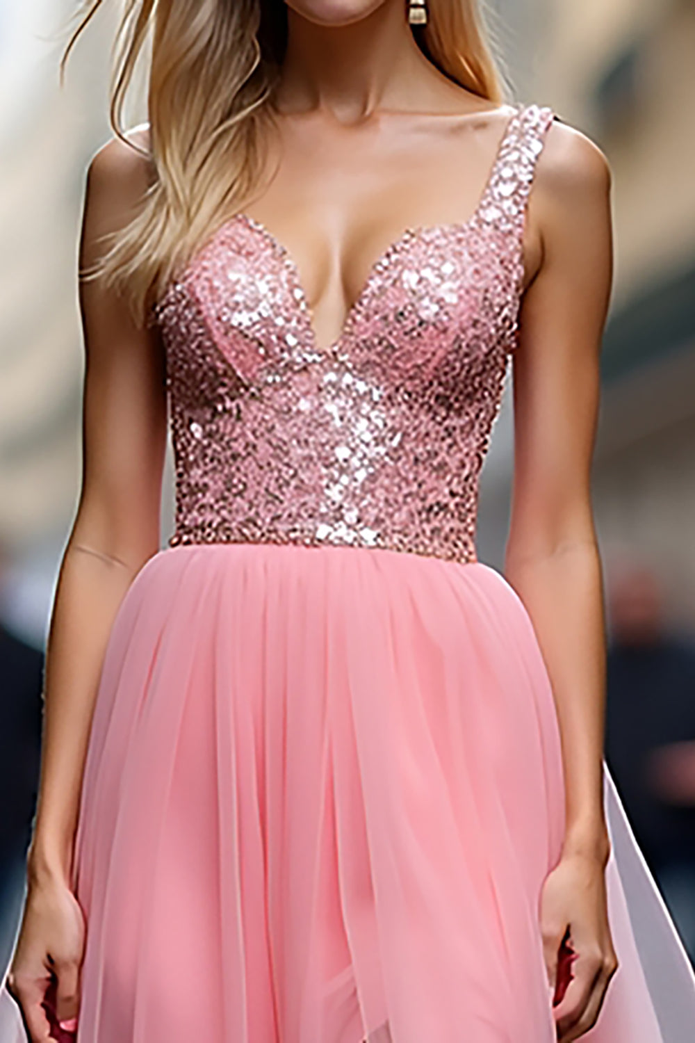 A Line Long Tulle Sparkly Pink V-Neck Prom Dress with Sequins