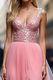 A Line Long Tulle Sparkly Pink V-Neck Prom Dress with Sequins