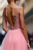 A Line Long Tulle Sparkly Pink V-Neck Prom Dress with Sequins