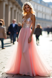 A Line Tulle Sparkly Pink Long Prom Dress with Sequins