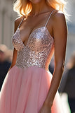 A Line Tulle Sparkly Pink Long Prom Dress with Sequins