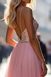 A Line Tulle Sparkly Pink Long Prom Dress with Sequins