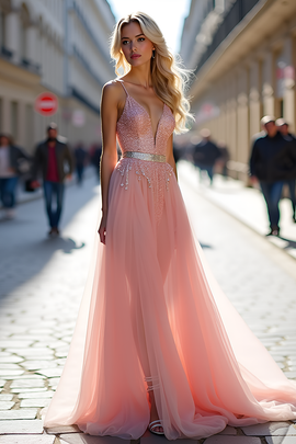 Long Tulle Sparkly Pink A Line Prom Dress with Beading