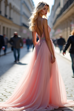Long Tulle Sparkly Pink A Line Prom Dress with Beading