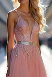 Long Tulle Sparkly Pink A Line Prom Dress with Beading