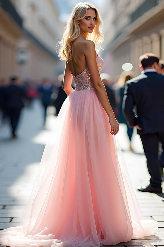 A Line Long Sparkly Pink V-Neck Corset Prom Dress
