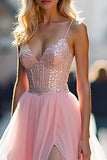 A Line Long Sparkly Pink V-Neck Corset Prom Dress