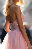 A Line Long Sparkly Pink V-Neck Corset Prom Dress