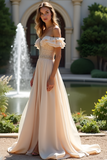 Off The Shoulder Sparkly Champagne Long Chiffon Bridesmaid Dress