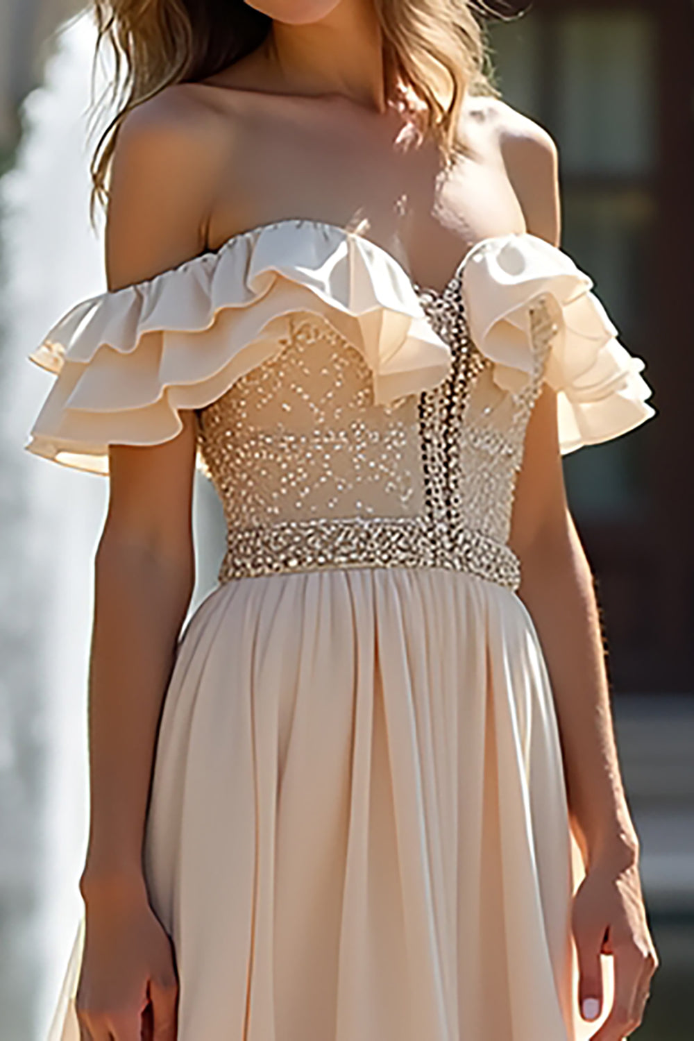 Off The Shoulder Sparkly Champagne Long Chiffon Bridesmaid Dress