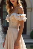 Off The Shoulder Sparkly Champagne Long Chiffon Bridesmaid Dress