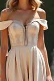 A Line Long Satin Champagne Bridesmaid Dress