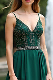 V-Neck Long Dark Green A Line Bridesmaid Dress with Beading