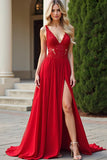 Long Chiffon Red A Line V Neck Bridesmaid Dress with Lace