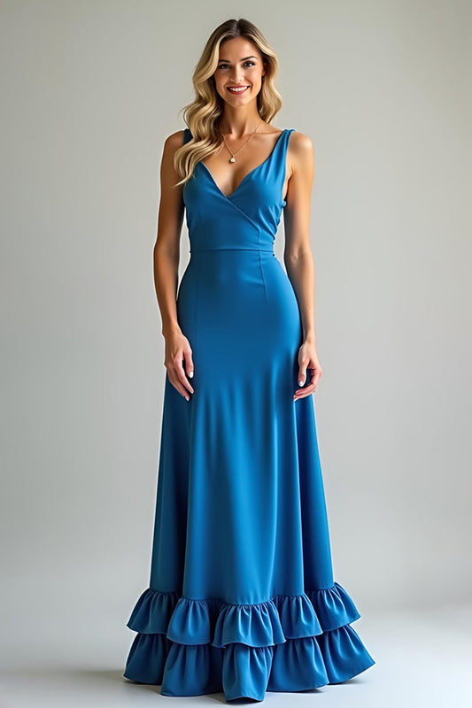 Blue Satin A Line Ruffled Long Bridesmaid Dress
