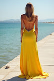 V-Neck Column Satin Yellow A Line Deep Bridesmaid Dress