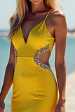 V-Neck Column Satin Yellow A Line Deep Bridesmaid Dress